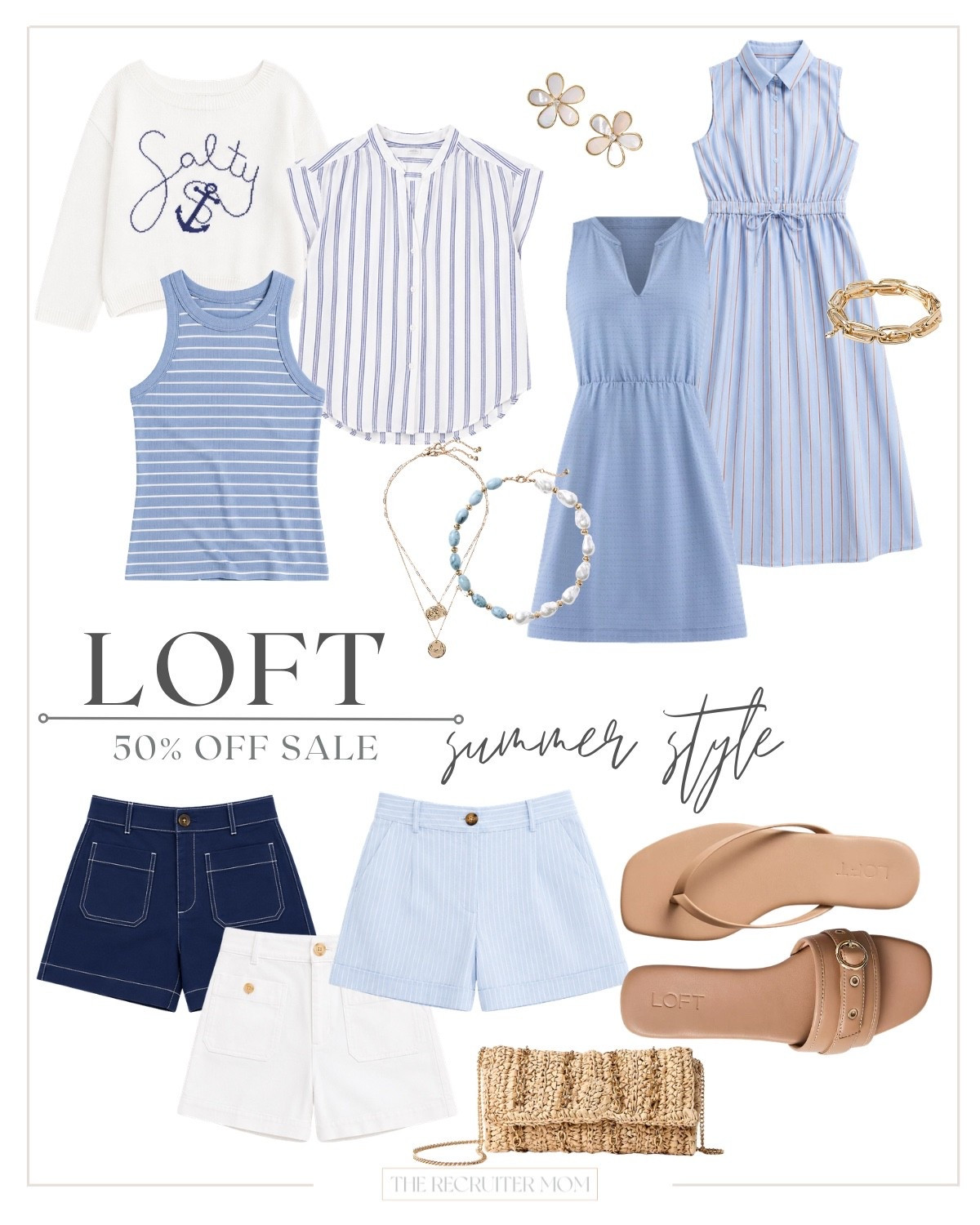 Loft Summer Style in Soft Blue, Summer Stripes and Structured Shorts paired with summer statement jewelry, sandals and handbags | 40% off Loft Sale going on now! #summerfashion #loftstyle

#LTKSeasonal #LTKOver40 #LTKMidsize