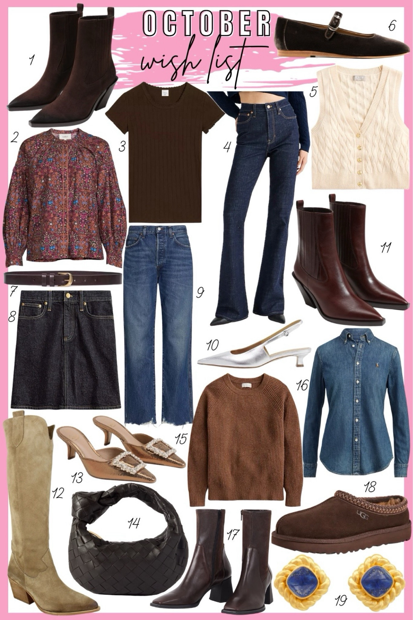 October wish list - dark wash denim and mini skirt, Mary Jane velvet flats, chocolate brown boots, dark brown boots, Uggs, Ralph Lauren denim shirt, knee high boots, kitten heels, cable knit vest, j crew sweater, bottega Veneta.

See the full list and all the links on styledjen.com!



#LTKHoliday #LTKfindsunder100 #LTKSeasonal