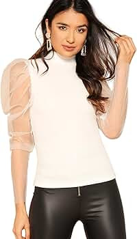 Women's Mesh Puff Sleeve High Neck Slim Fit Party Blouse Top | Amazon (US)