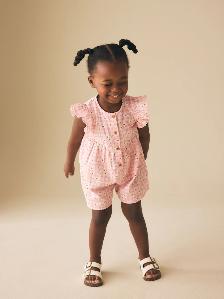 Pink Gingham Floral Flutter Sleeve Playsuit (3mths-7yrs) | Next US