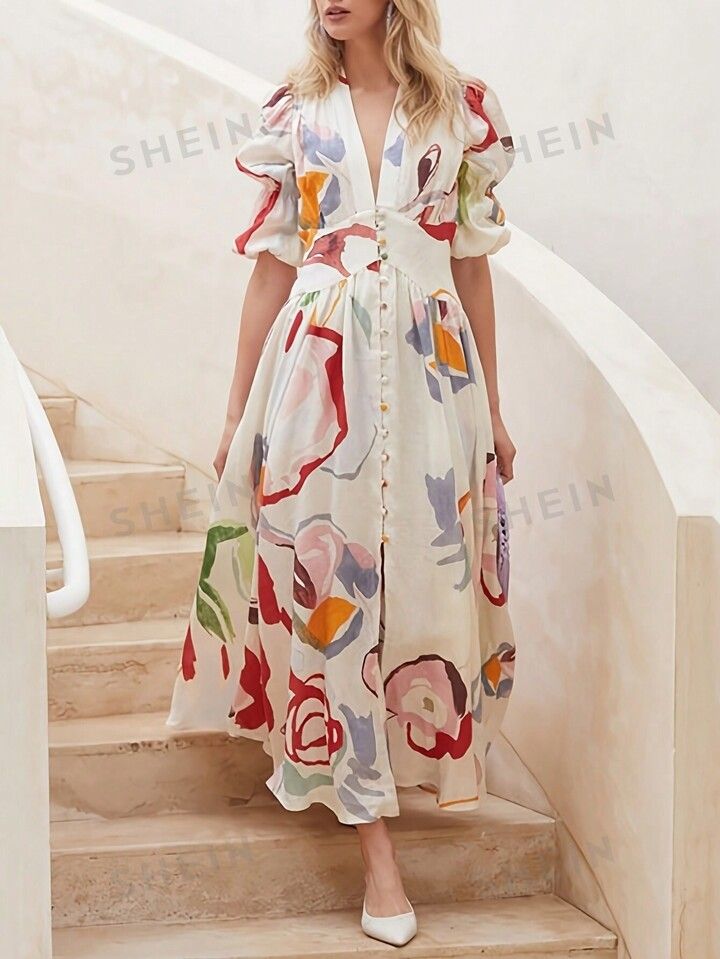 SHEIN Privé Women's Abstract Printed Puff Sleeve Dress | SHEIN