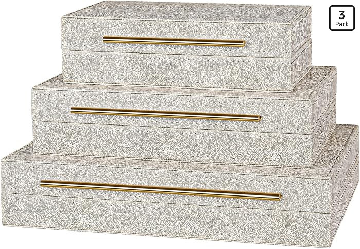 Elegant Set of 3 Ivory Shagreen Decorative Boxes with Velvet Lining and Golden Handles - Versatil... | Amazon (US)