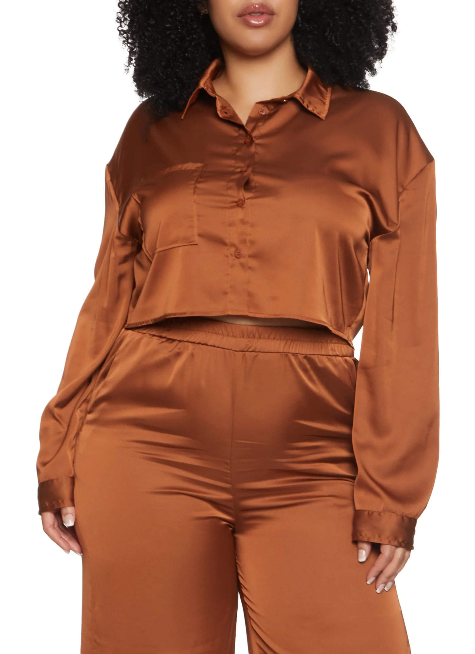 Plus Size Satin Button Front Crop Top  - Camel | Rainbow Shops