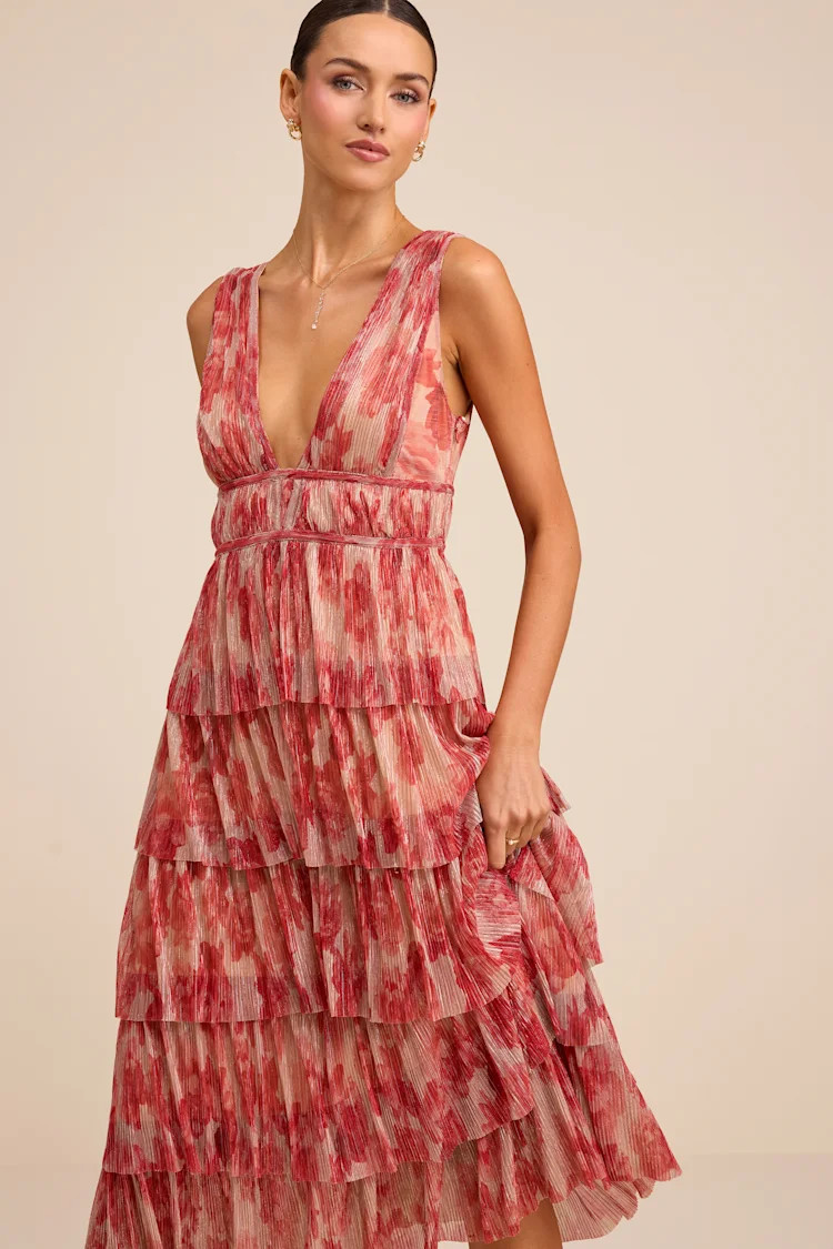 Valentia Magenta Plisse Sleeveless Tiered Midi Dress | Lulus