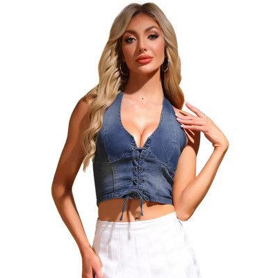 INSPIRE CHIC Women's Sleeveless Halter Neck Lace Up Waistcoat Denim Corset Top Blue Large | Target