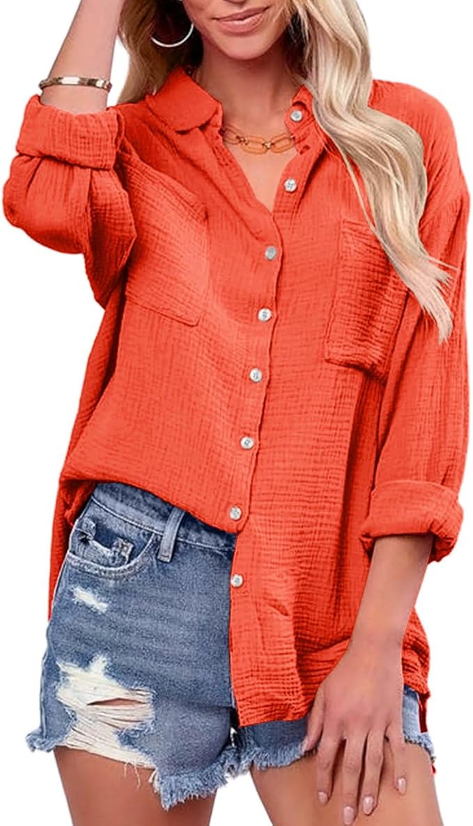 Saudacdn Women Button Down Shirts V Neck Blouse Long Roll Up Cuffed Sleeve Pocket Casual Boyfrien... | Amazon (US)