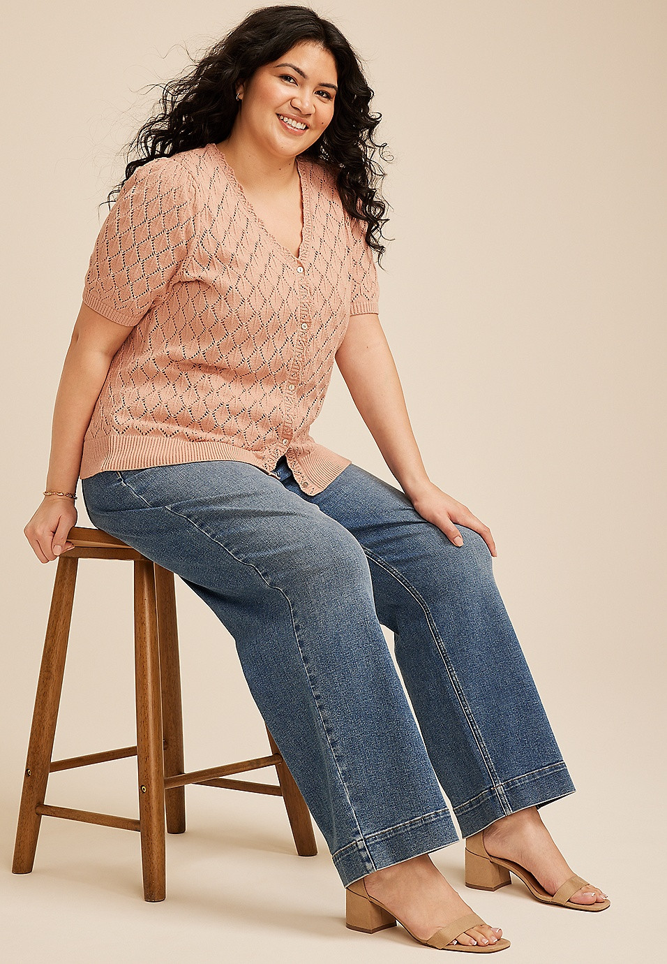 Plus Size Pointelle V Neck Button Front Cardigan | Maurices