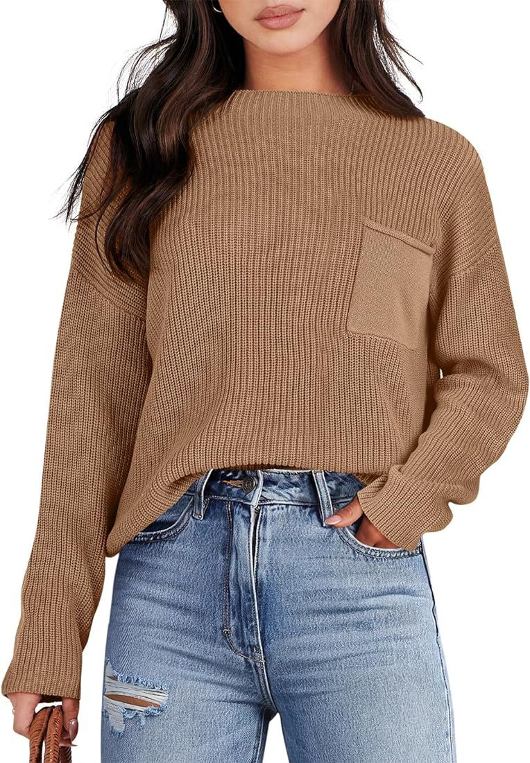 ANRABESS Women Casual Long Sleeve Knit Loose Fit Mock Neck Fall Trendy Cropped Sweater Top with P... | Amazon (US)