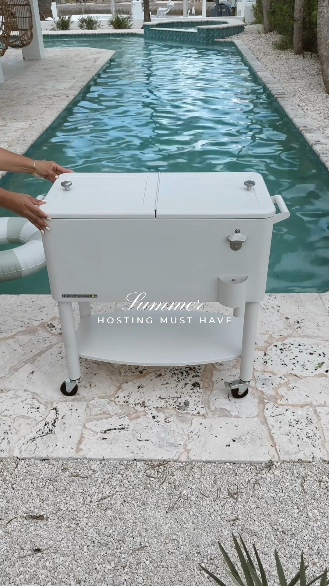 This aesthetic rolling cooler is a must have for outdoor gatherings — it holds up to 110 cans, keeps drinks cold for 36 hours, has a built in bottle opener & lid catcher and the lid is removable to it doubles as a party tub. Hosting just got a whole lot cooler. 💦 

#cooler #summermusthave #hosting #poolparty #rollingcooler #partymusthave 

#LTKSeasonal #LTKHome #LTKSummerEdit