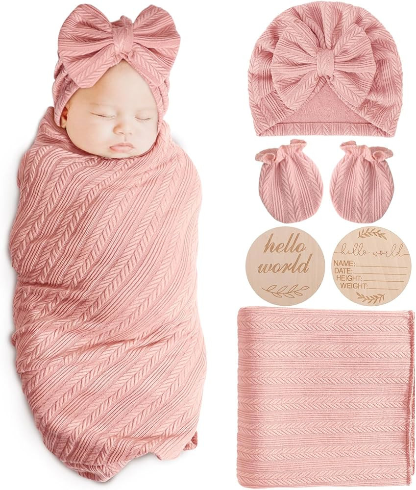 AQOKKA Newborn Receiving Blanket with Bow Hat Mittens Wooden Card Set Wheat-Pattern Newborns Todd... | Amazon (US)