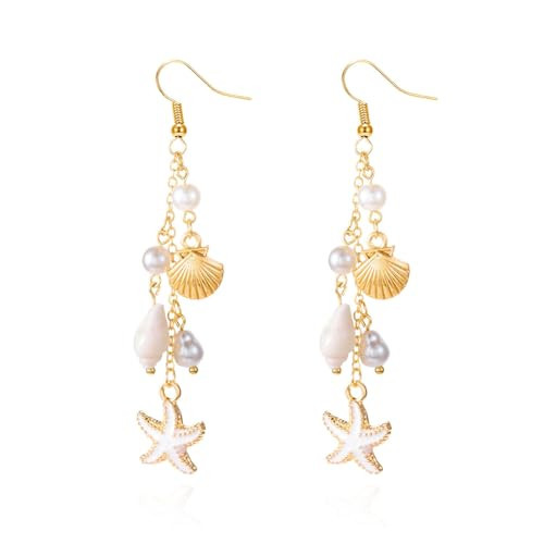 Gold Starfish Shell Dangle Drop Earrings, Beach Jewelry for Women, Summer Boho Beachy Vacation Accessories (White) | Amazon (US)