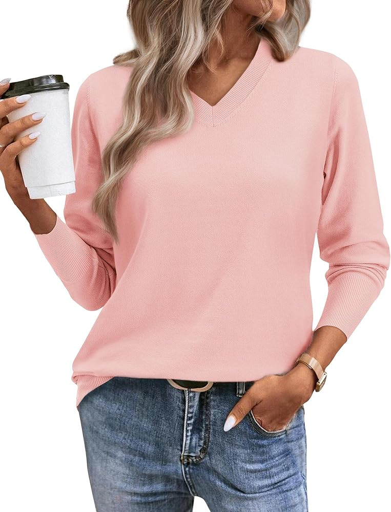 Women's Fall Sweaters 2024 Casual Thin Long Sleeve Pullover V Neck Lightweight Sweatshirts Cute B... | Amazon (US)