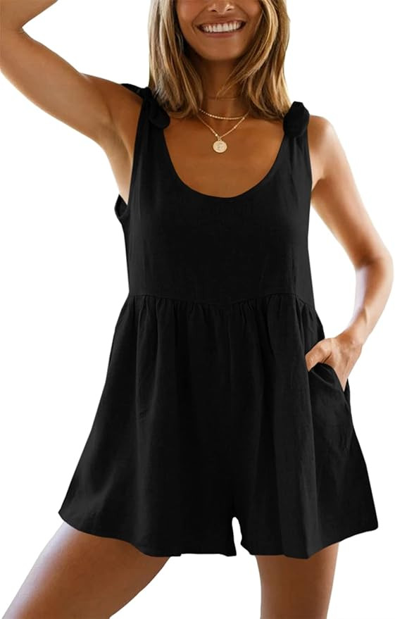 Women's Sleeveless Tie Knot Shoulder Rompers Casual Scoop Neck Plain Shorts Jumpsuits | Amazon (US)