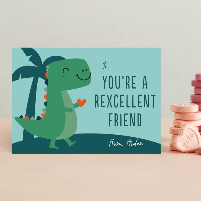 "Rexcellent" - Customizable Classroom Valentine's Cards in Green by Annie Holmquist. | Minted