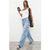 Light Blue Wash Asymmetric Waistband Baggy Low Rise Thigh Split Boyfriend Jeans | PrettyLittleThing US