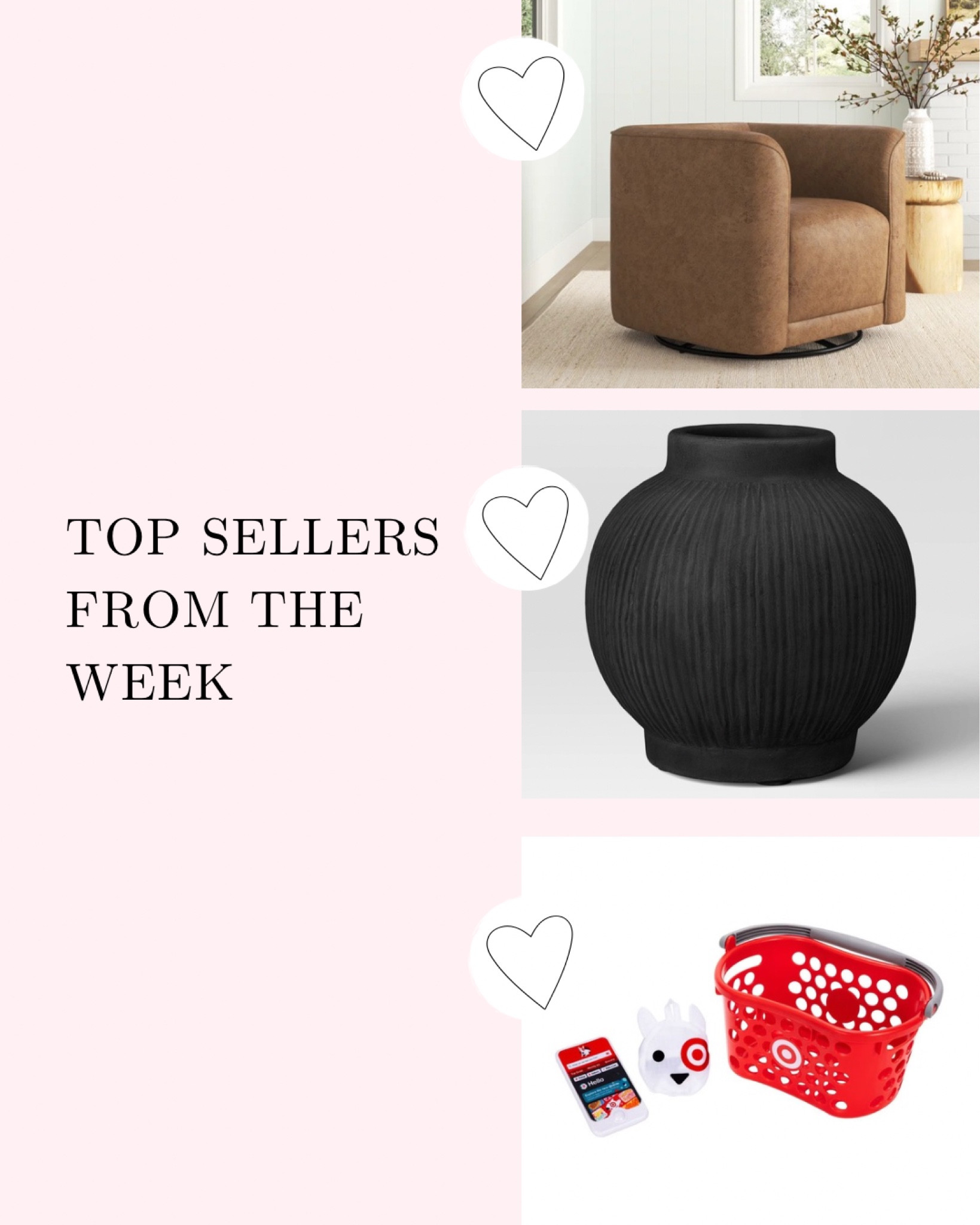 Spring home decor 

Top selling items this week

Swivel chairs 
Vase for peonies 
Target mini basket 

#LTKHome #LTKWatchNow #LTKGiftGuide
