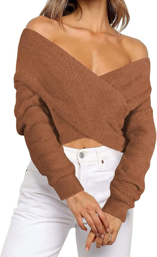Pink Queen Women's Sexy Cross Wrap V Neck Long Sleeve Fuzzy Cropped Knit Pullover Sweater Jumper ... | Amazon (US)