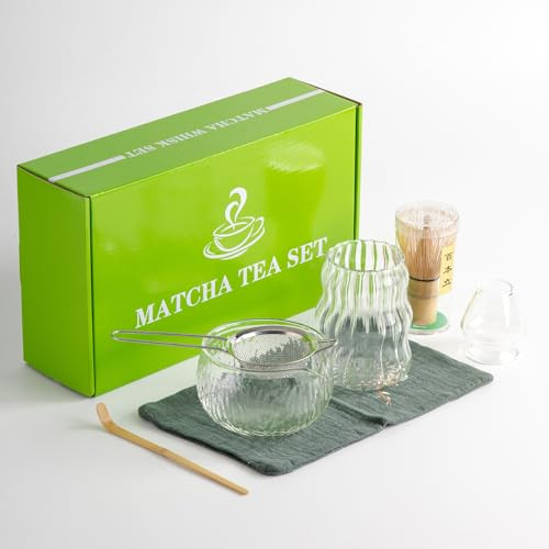 DWEHIXBUY 7Pcs Japanese Matcha Tea Set, Matcha Kit with Matcha Bowl (with Pouring Spout), Matcha Whisk, Whisk Holder, Strainer - Elegant Matcha Set for Gifting, Gift Box Packaging glass | Amazon (US)