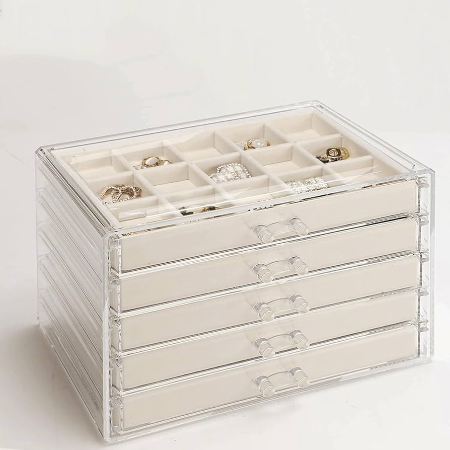 GUOER 5 Drawers Clear Jewelry Box for Women and Girls, Acrylic Earring Holder Organizer Ring Hold... | Amazon (US)