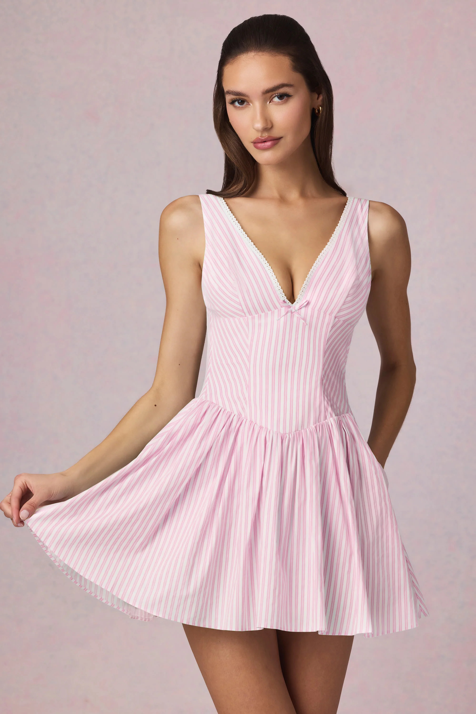 Bow-Detail A-Line Mini Dress in Soft Mauve Stripe | Oh Polly