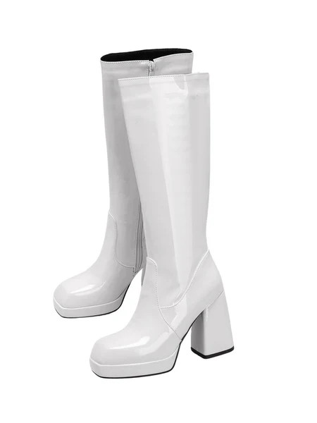Patent Leather Round Toe Solid High Heel Boots | Retro Stage