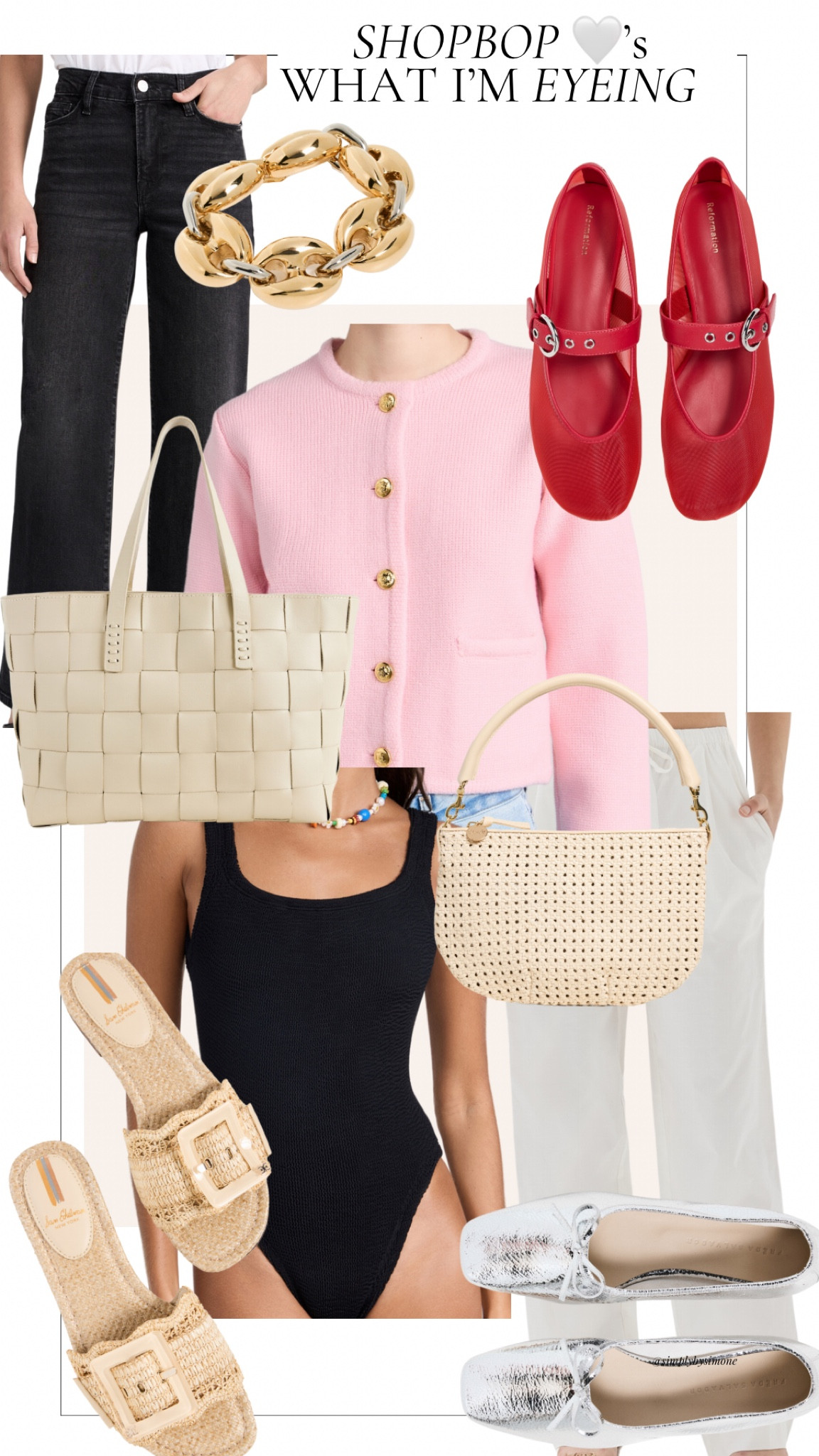 Shopbop hearts, currently eyeing: English Factory Pink Knit Cardigan, Z Supply Sorrento Pants, Dragon Diffusion Japan Woven Tote, FRAME le slim Palazzo Jeans, Freda Salvador Silver Jada Flats, Sam Edelman Bambi Raffia Sandals, Rabanne Silver and Gold Link Bracelet, Clare V Petit Moyen Messenger, Reformation Bethany Red Mesh Ballet Flats, Hunza G one piece Bathing suit 