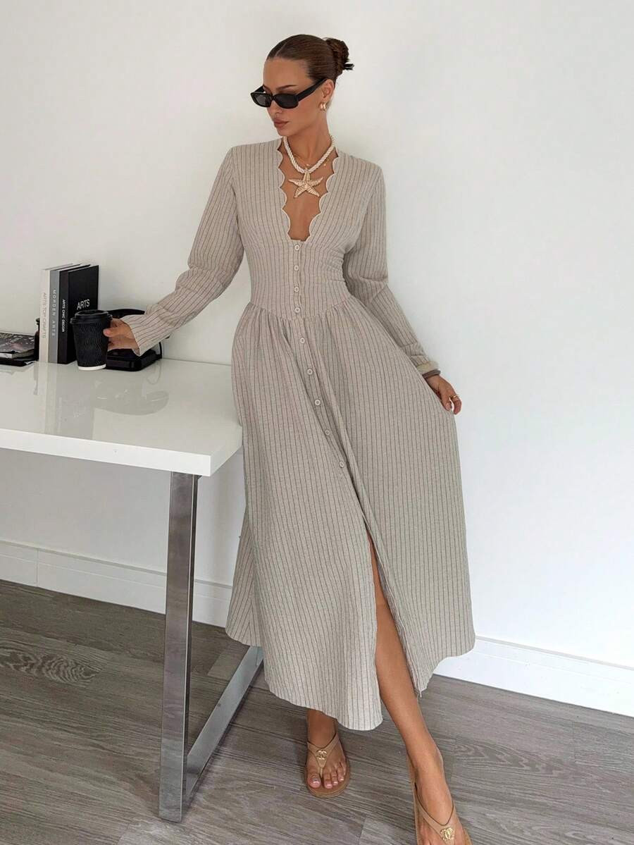 Siren Gaze Cotton Linen Women Long Sleeve Dress, Casual Vacation Dress, V-Neck A-Line Long Dress,... | SHEIN