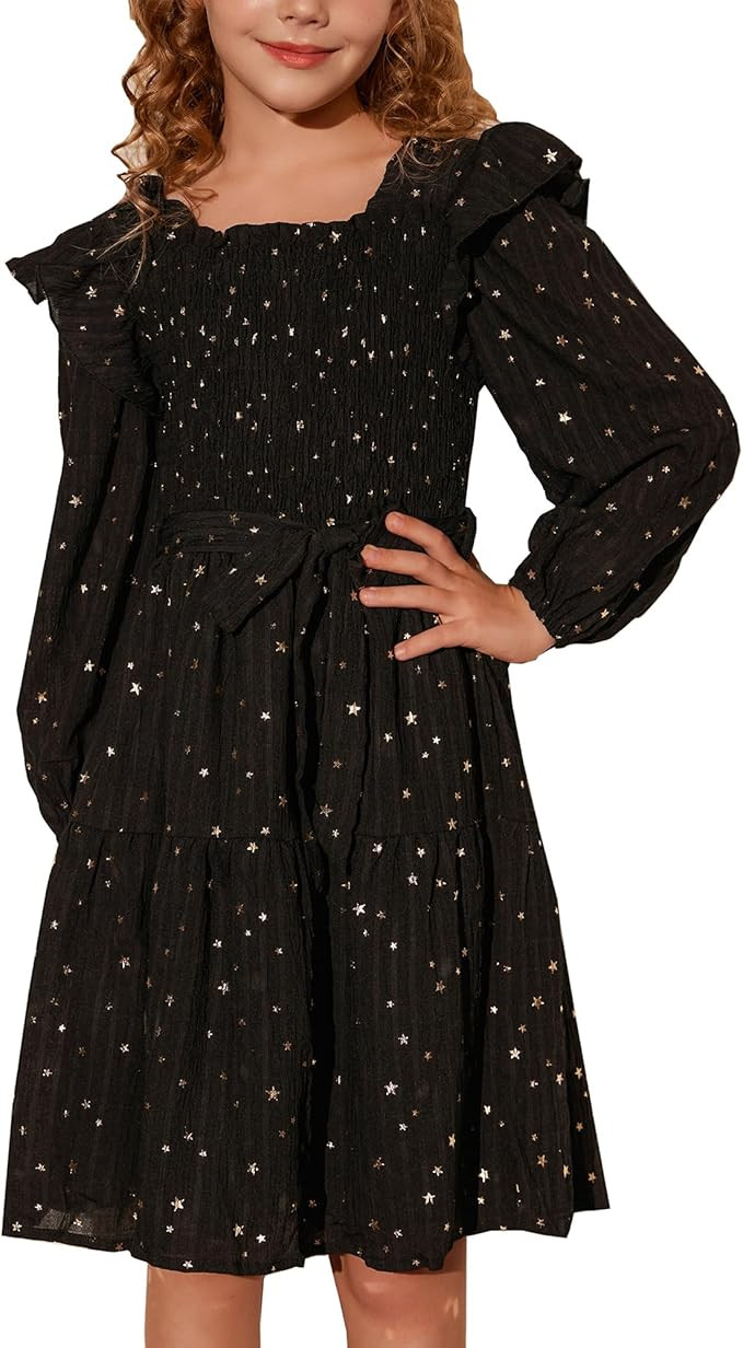 GRACE KARIN Girls Long Sleeve Dress Ruffle Fall Tiered Sparkle Swing Winter Party Dress for Girls... | Amazon (US)