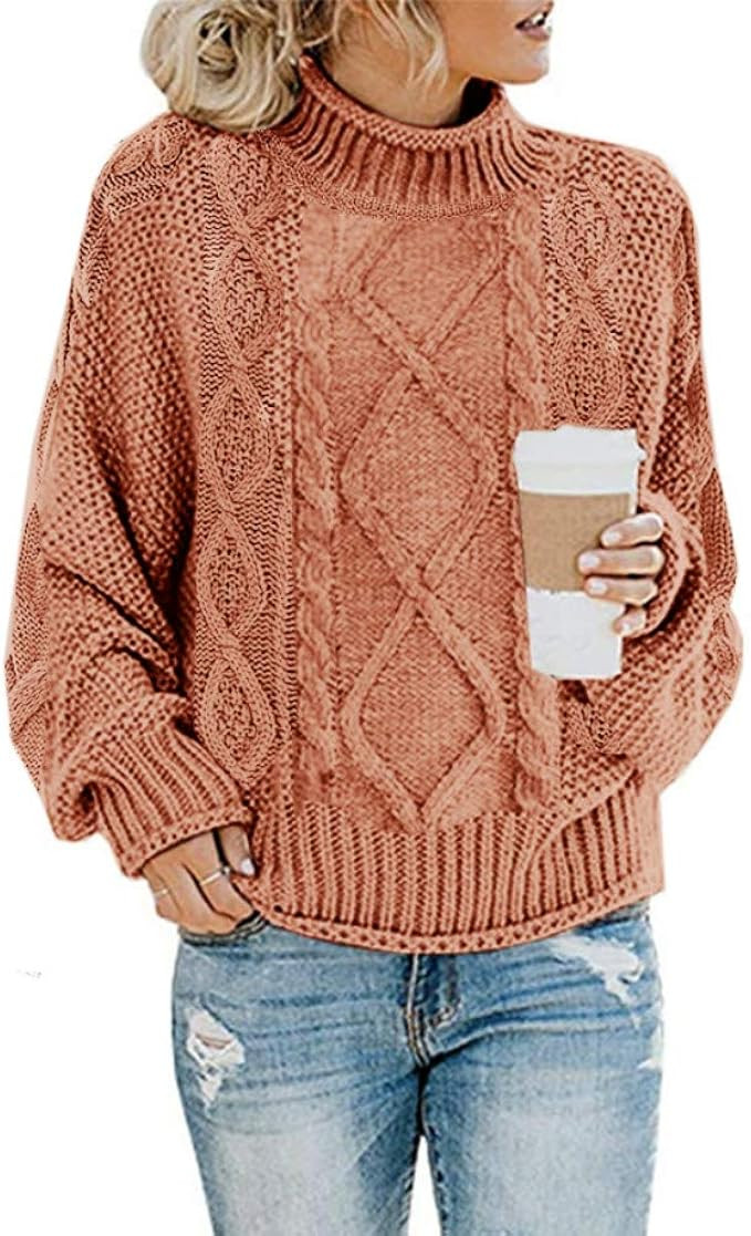 Womens Turtleneck Oversized Sweaters Batwing Sleeve Cable Knit Pullover Chunky Loose Jumper Tops | Amazon (US)