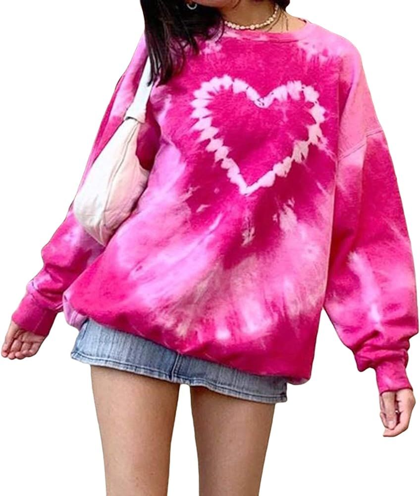 Women Valentine 's Day Shirt Long Sleeve Tie Dye Pink Heart Loose Boutique Sweatshirt Top | Amazon (US)