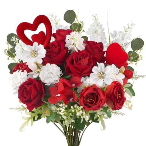 HUAESIN Valentines Day Artificial Flowers Silk Valentine Flower Arrangement with Red Rose Hyacinth Heart Picks DIY Cemetery Flowers for Grave Wedding Table Centerpiece Home Decor | Amazon (US)