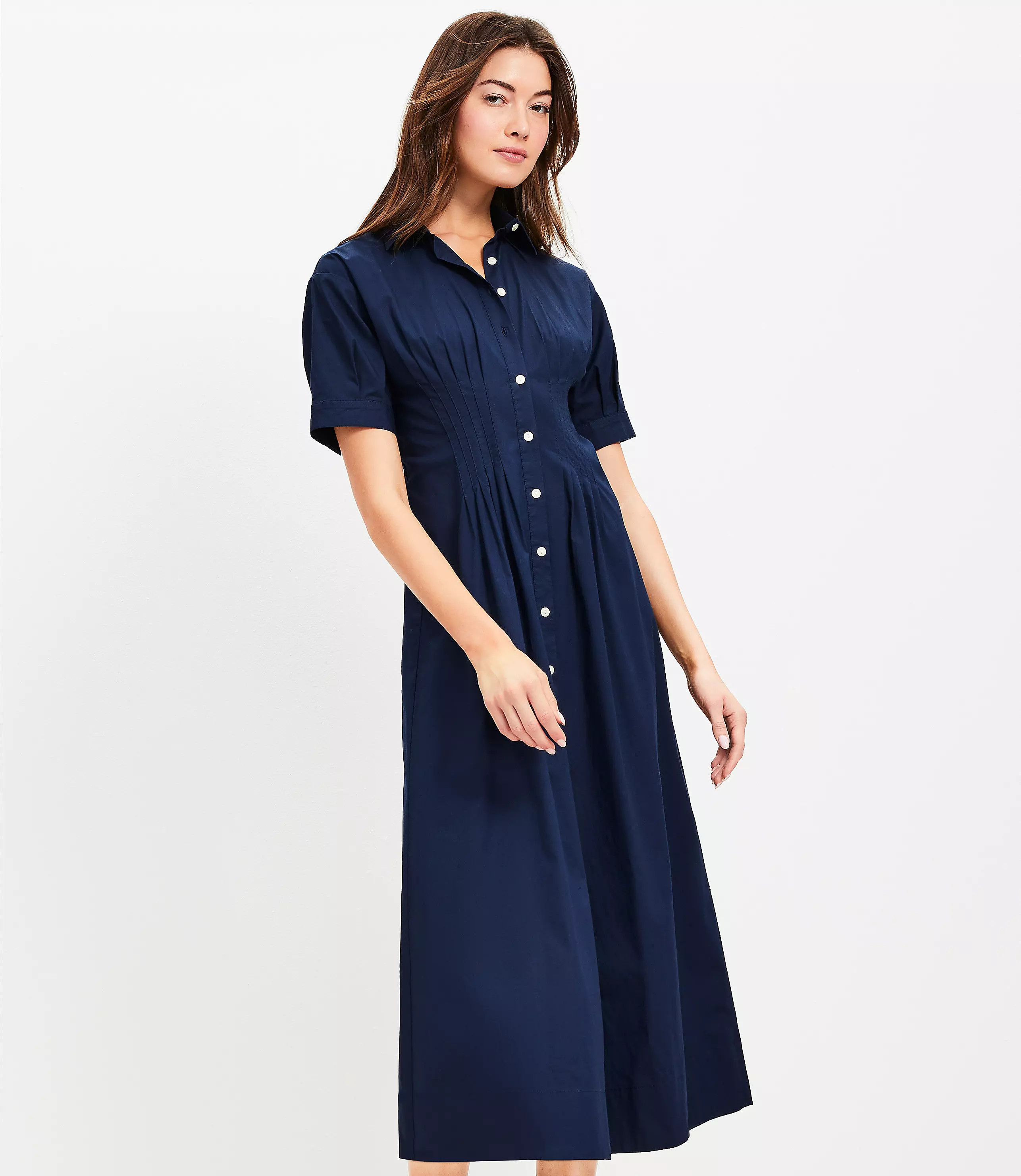 Petite Pleated Bodice Midi Shirtdress | LOFT