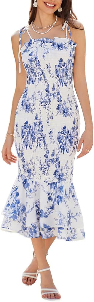 GRACE KARIN Women's 2024 Summer Floral Smocked Sundress Midi Bodycon Sleeveless Ruffle Hem Casual... | Amazon (US)
