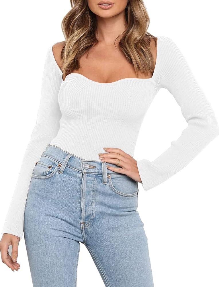 LILLUSORY Women's Sexy Casual Square Neck 2022 Fall Trendy Cute Long Sleeve Going Out Ribbed Knit... | Amazon (US)