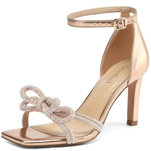 AIUNIIND Women's Double Bowknots Heels Square Open Toe Ankle Strap Rhinestone Dress Shoes for Party Wedding Champagne 9 | Amazon (US)