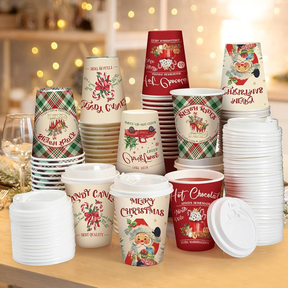 Gerrii 100 Set Christmas Paper Cups Disposable 12 oz with Lids Hot Chocolate Cups Coffee Cups Hol... | Amazon (US)