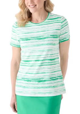 Kim Rogers Women's Short Sleeve Crew Neck Striped Printed Top, Green, Small | Belk