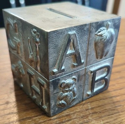 Vintage Silver Plated Children's Alphabet Coin Piggy Bank Metal Cube 3" x 3" | eBay US