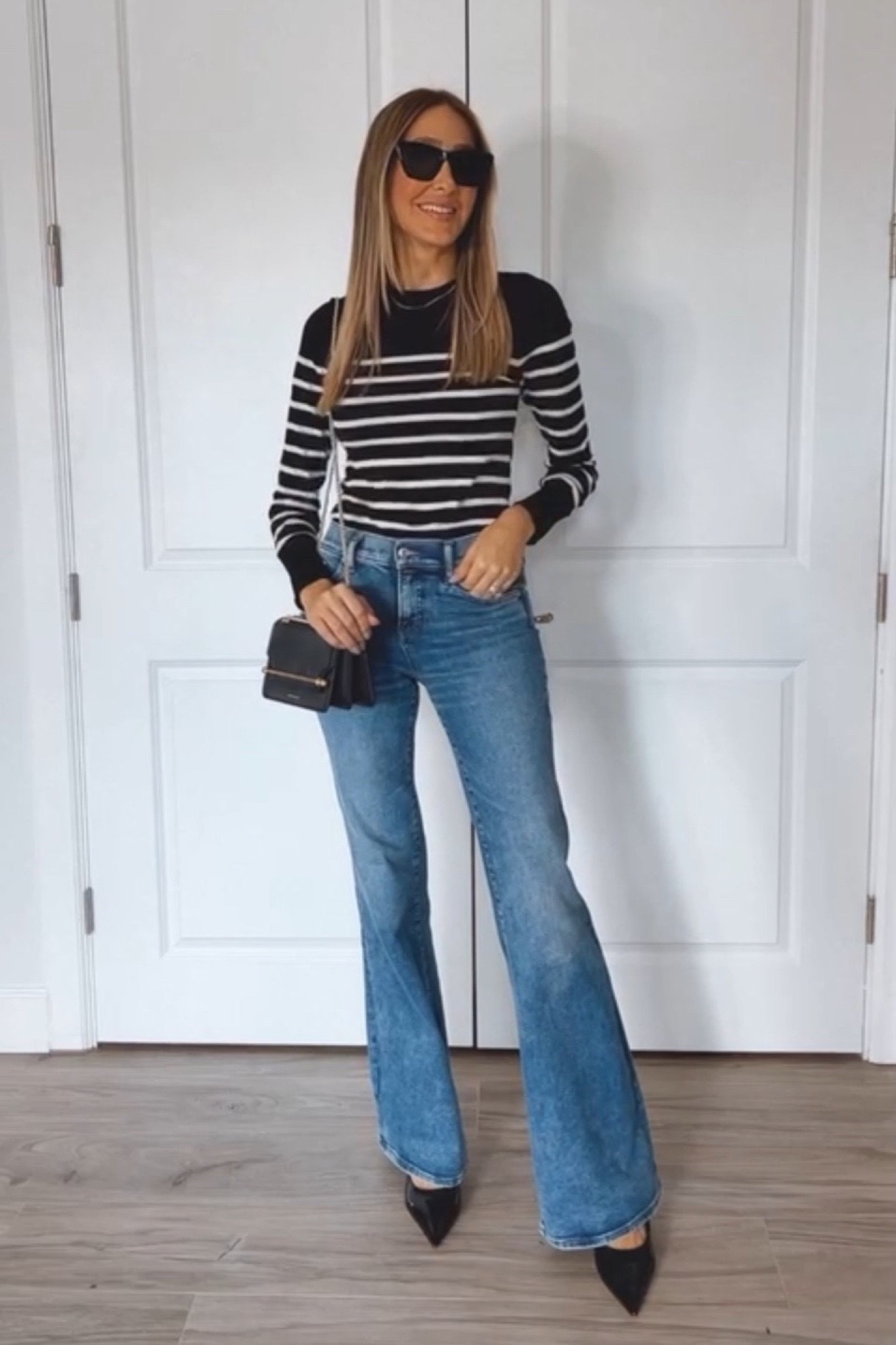 Express new purchases that I am loving 
Runs true to size. Wearing a size small on all pieces 
Size 2 long pants / I am 5’9” for your reference
Flare jeans stripped long sleeve top. 



#LTKstyletip #LTKSeasonal