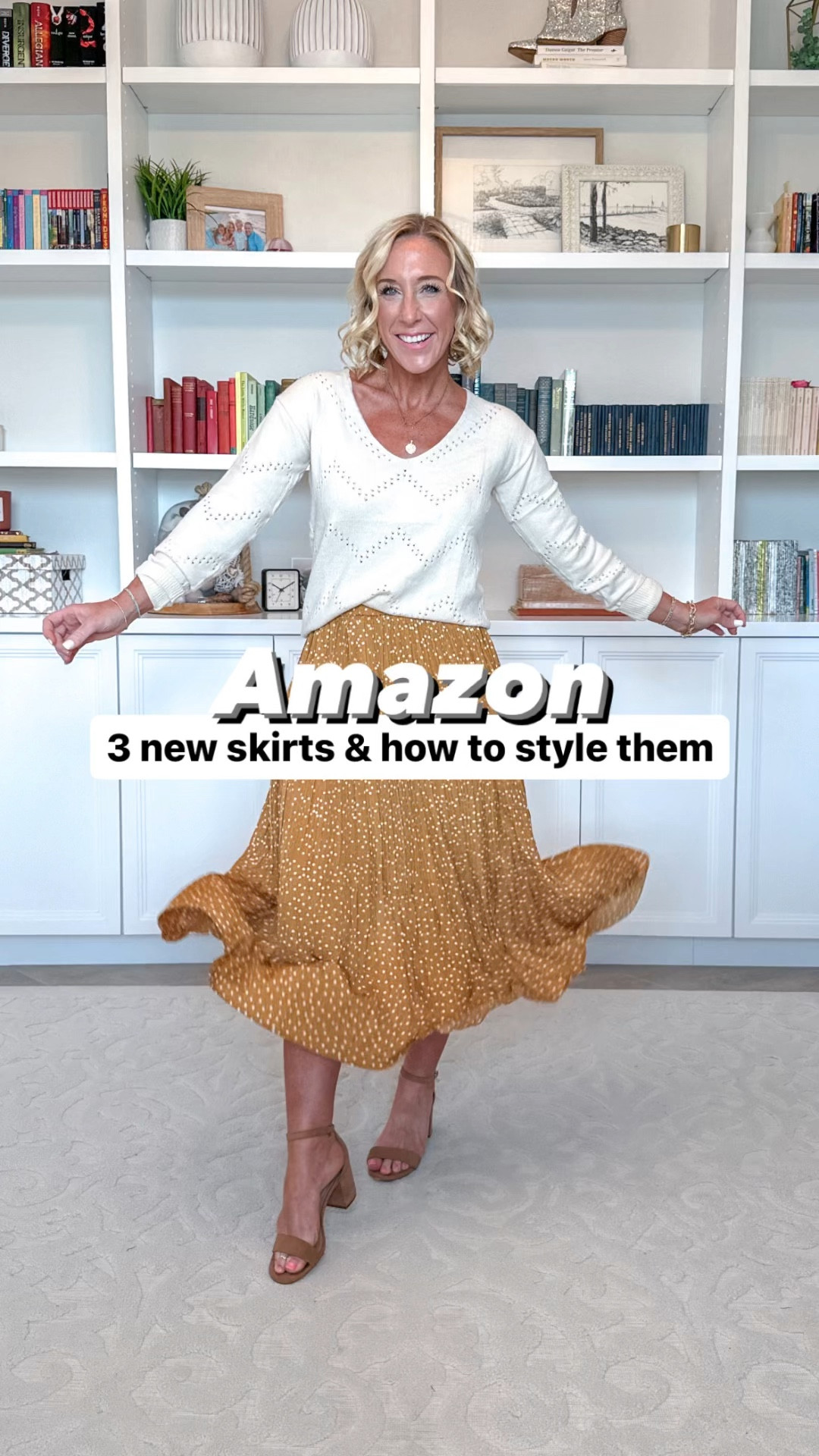 Amazon skirts & outfits:
1. Pleated polka dot skirt - size small. Comes in other colors. 
2. V-neck sweater - size small. Comes in other colors. 
* graphic tee - size medium, but needs a small. 
* jean jacket is old. 
3. Pleated floral skirt - size small. Comes in other colors. 
4. Ribbed neck puff sleeve top - size small. Comes in other colors. 
* navy tee - part of a set.
5. Sarin skirt - size small. Size zipper. Comes in other colors. 
6. Satin cami - size small. Comes in other colors.
7. Striped sweater (from beginning) - size small.
8. Printed maxi skirt - size small.

#LTKFindsUnder50 #LTKSeasonal #LTKVideo
