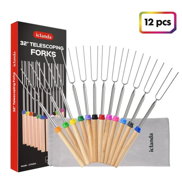 12Pcs Stainless Steel Roasting Sticks, Telescoping Smores Skewers with Wooden Handle for Campfire... | Walmart (US)
