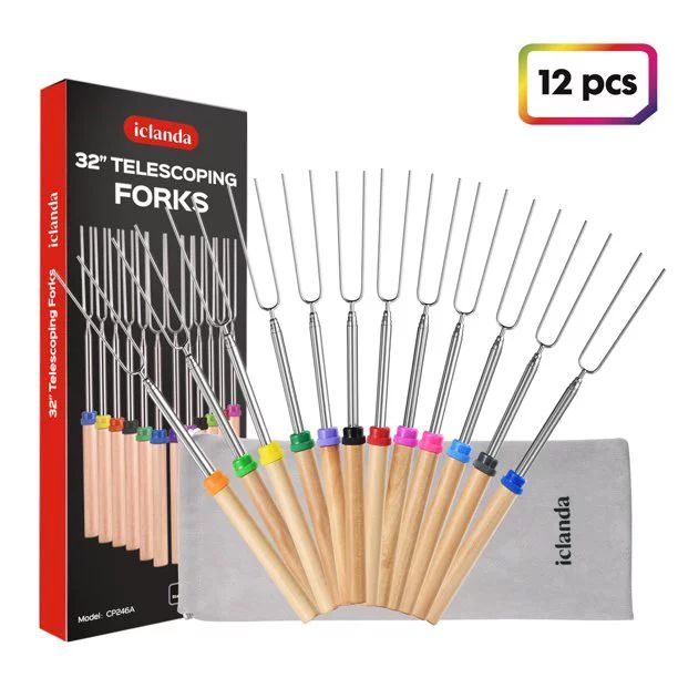 12Pcs Stainless Steel Roasting Sticks, Telescoping Smores Skewers with Wooden Handle for Campfire... | Walmart (US)