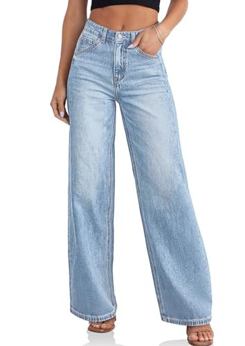 Cicy Bell Womens Wide Leg Baggy Jeans High Waisted Boyfriend Loose Denim Pants with Pockets Baby Blue | Amazon (US)