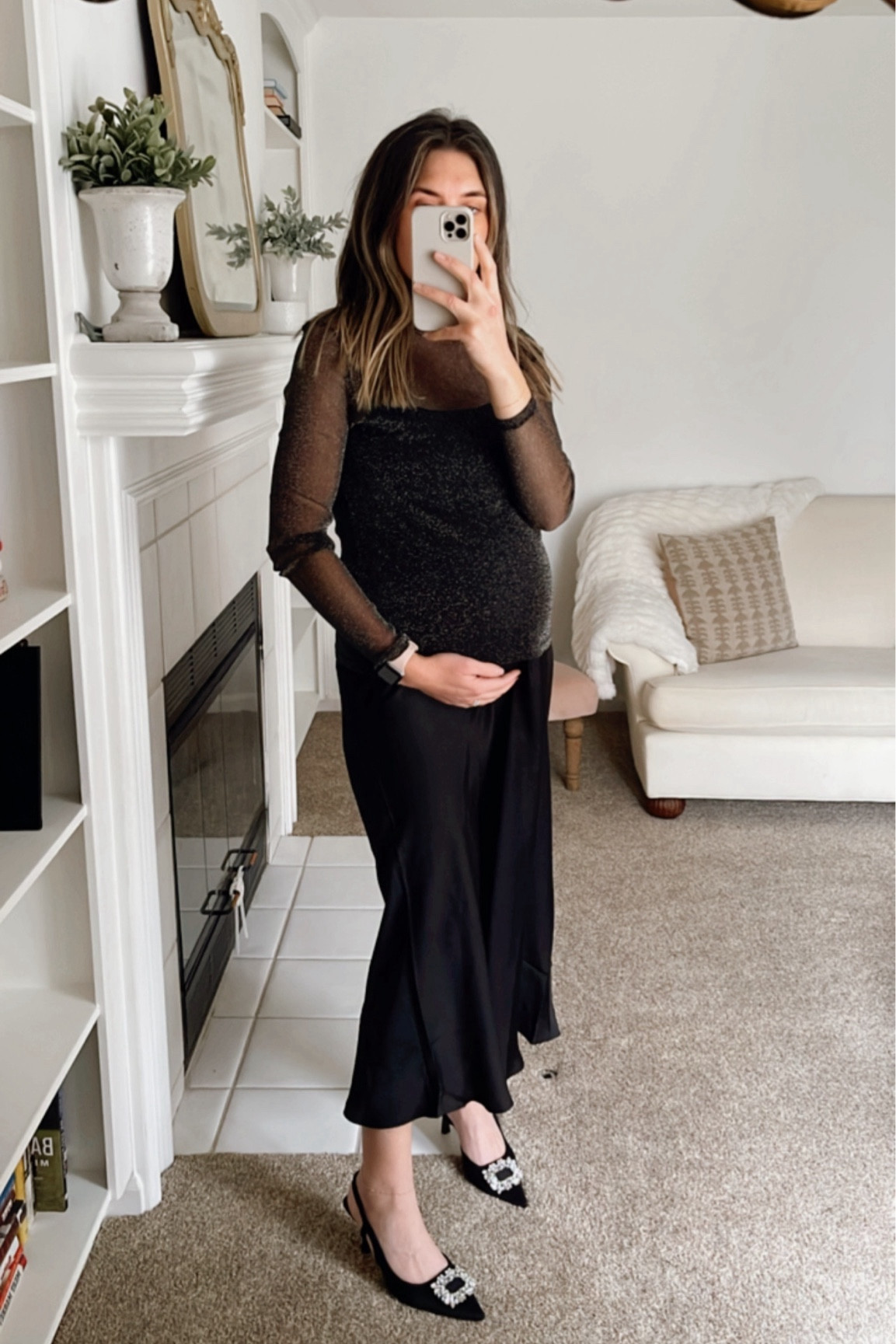 Holiday style. Holiday party. Bump style. Maternity outfit. Sparkly outfit. Sheer top. Satin skirt. Rhinestone heels. Mom style. Holiday photo. Holiday outfit. NYE. New years outfit. New Year’s Eve style

#LTKbump #LTKHoliday #LTKstyletip