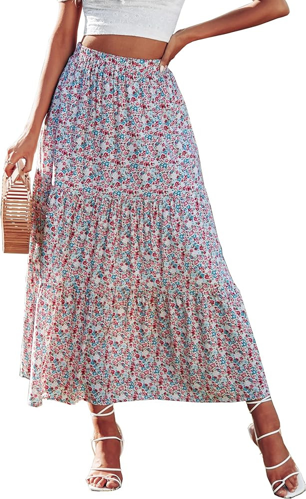 KIRUNDO Womens 2024 Spring Summer High Waist Boho Floral Maxi Skirt Casual Flowy Swing Pleated A ... | Amazon (US)