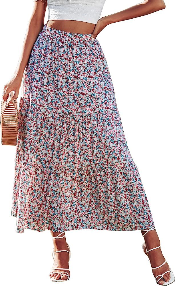 KIRUNDO Summer Women's High Waist Boho Floral Print Pleated Maxi Skirt Casual Flowy Swing A Line ... | Amazon (US)