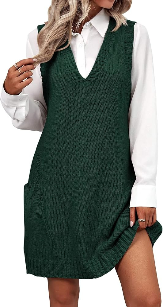 Zeagoo Womens Sweater Vest Dress Pattern Knitted Pullovers Sweaters V Neck Tank Sweater Dress wit... | Amazon (US)