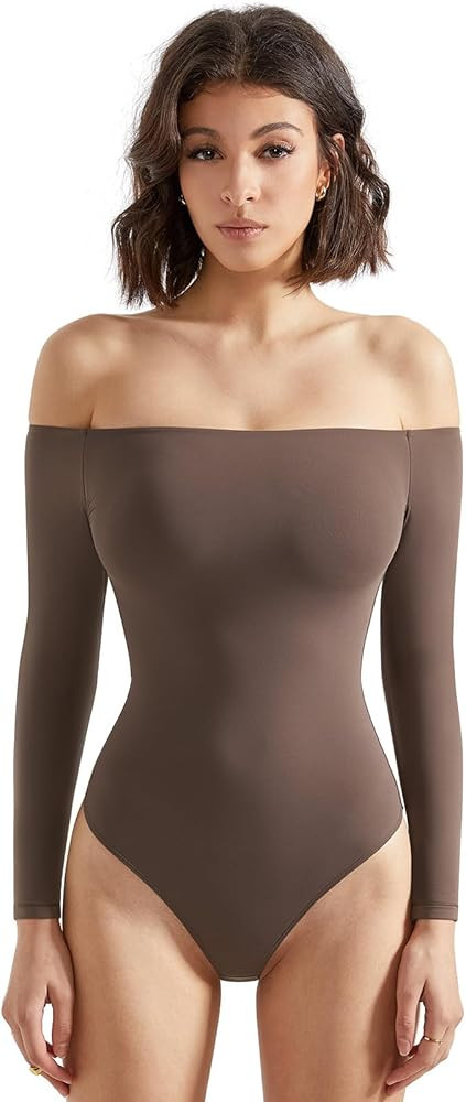 SUUKSESS Women Off the Shoulder Long Sleeve Bodysuit Double Lined Thong Bodysuit | Amazon (US)