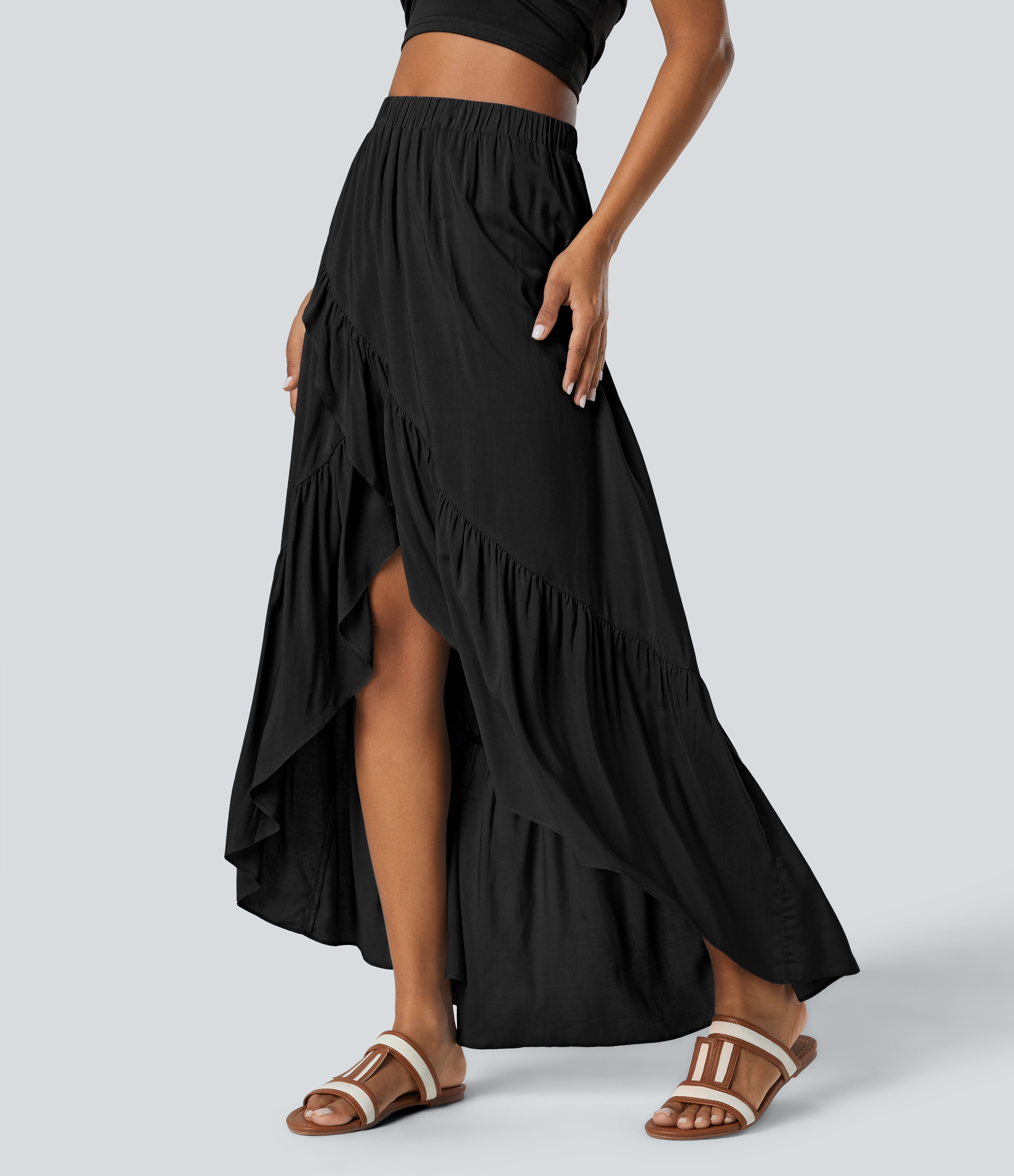 Halara High Waisted High Low Ruffle Hem Flowy Maxi Skirt - Black - M(regular) | HALARA