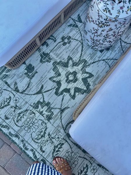 Outdoor rug, patio rug, green patterned rug, outdoor patio ideas, rug on sale, affordable rug for home

#LTKhome #LTKsalealert